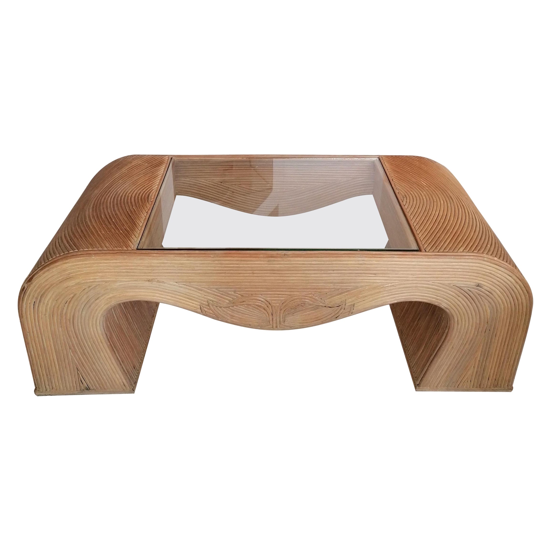 Vintage Large Waterfall Pencil Reed / Cane and Glass Coffee Table USA