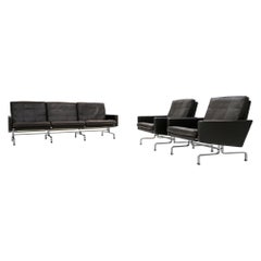 Canapé PK 31/3 + 2 fauteuils PK 31 de Poul Kjaerholm, cuir brun foncé