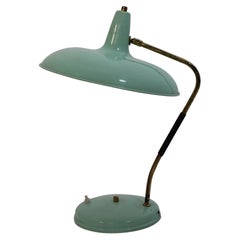 Mid-Century Modern Vintage Turquoise Metal Brass Table Lamp Stilnovo 1950s Italy