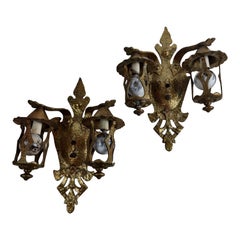 Antique Early 20th Century Brass Arts & Crafts Hand-Hammered Wall Sconces 