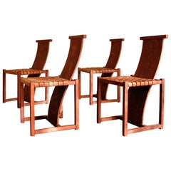 4 Chairs in Leather & Tinted Wood, 1970s, Midcentury Italian Design