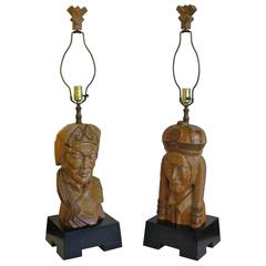 Pair of Carved Wood Lamps by Edward Stasack