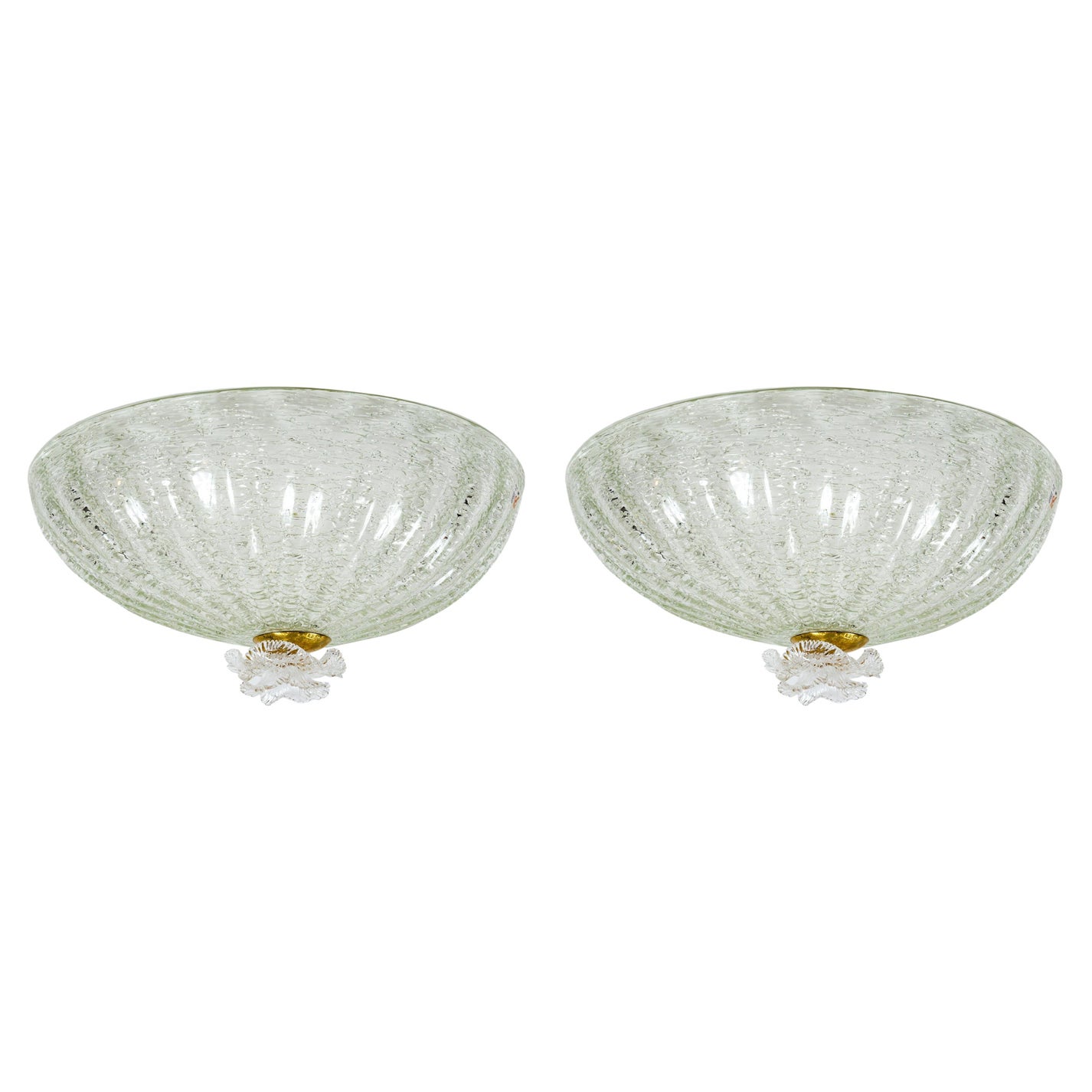 Pair of Murano Blown Dome-Shaped Semi-Flushmount Ceiling Fixtures, UL Certified