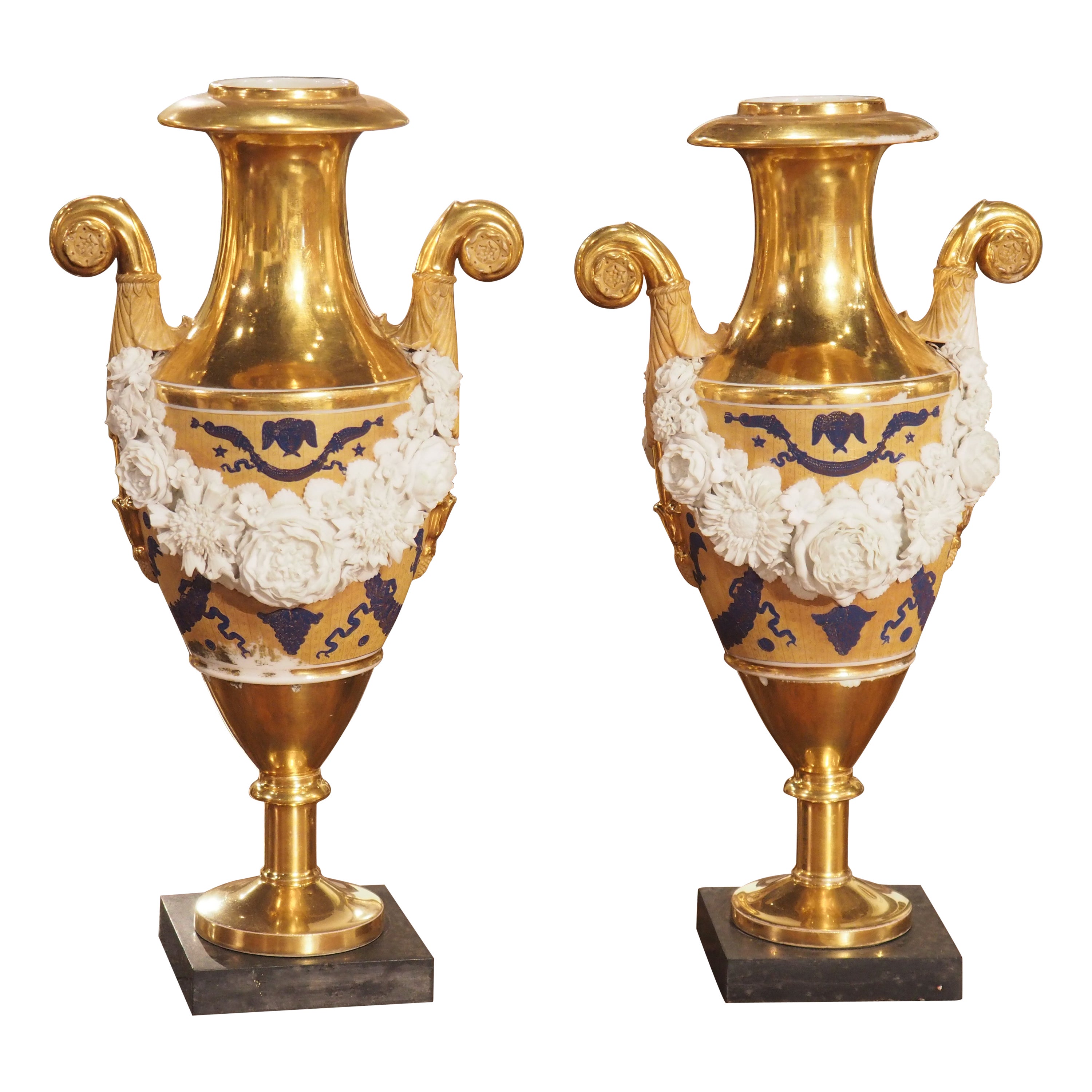 Pair of French Louis XVI Style Gilt Vases with Bisque Swags, circa 1870 For Sale