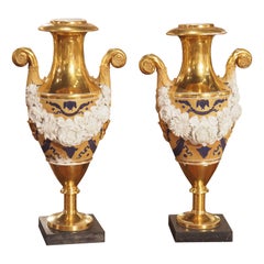 Antique Pair of French Louis XVI Style Gilt Vases with Bisque Swags, circa 1870