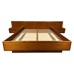 Vintage Danish Modern Teak Platform Floating Bed and Nightstands, Queen Sized