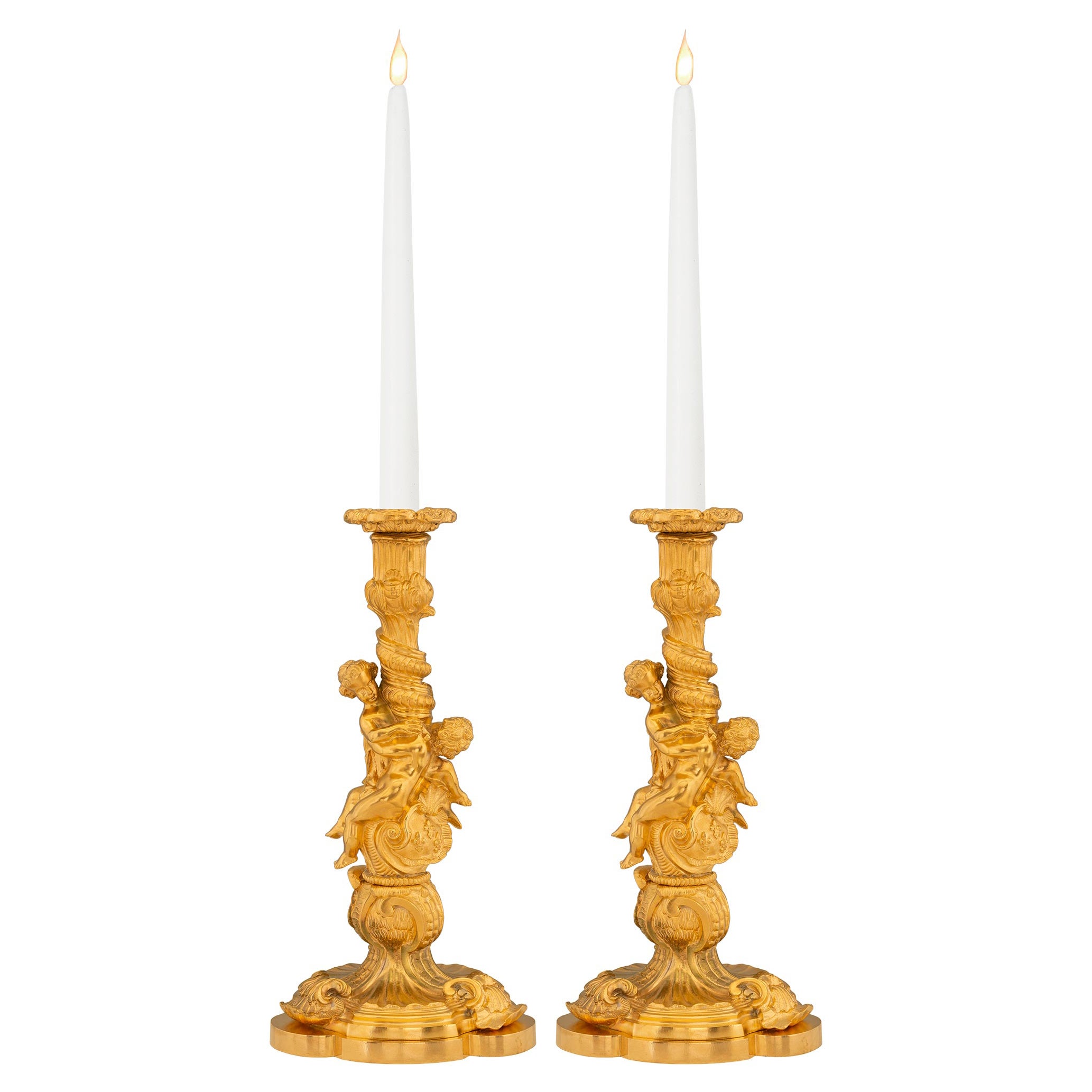 Pair of French 19th Century Louis XV St. Belle Époque Period Ormolu Candlesticks