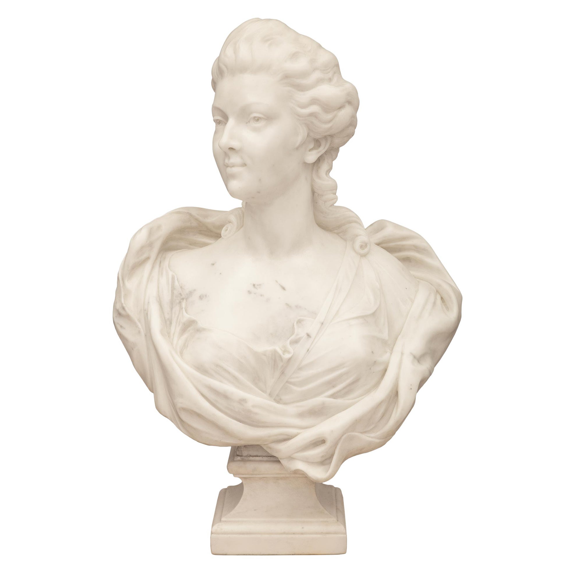Italian 19th Century White Carrara Marble Bust of a Beautiful Young Lady For Sale