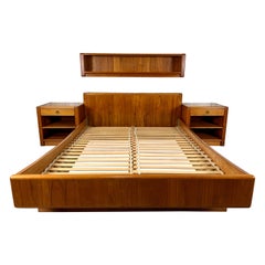 Teak Queen Bed and Night Stands with Floating Bookcase