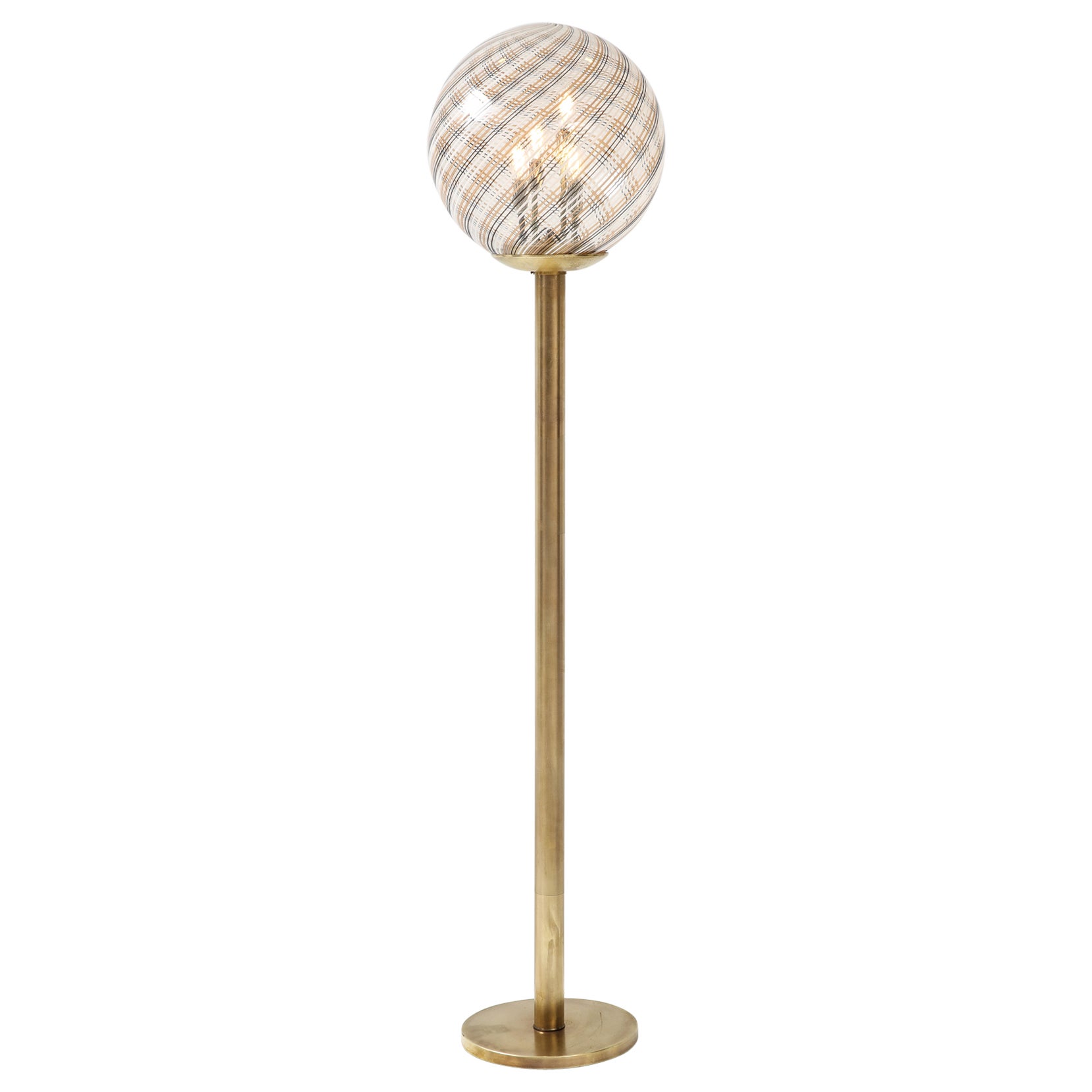 Italian Modernist Brass Floor Lamp with Glass Globe, circa 1970