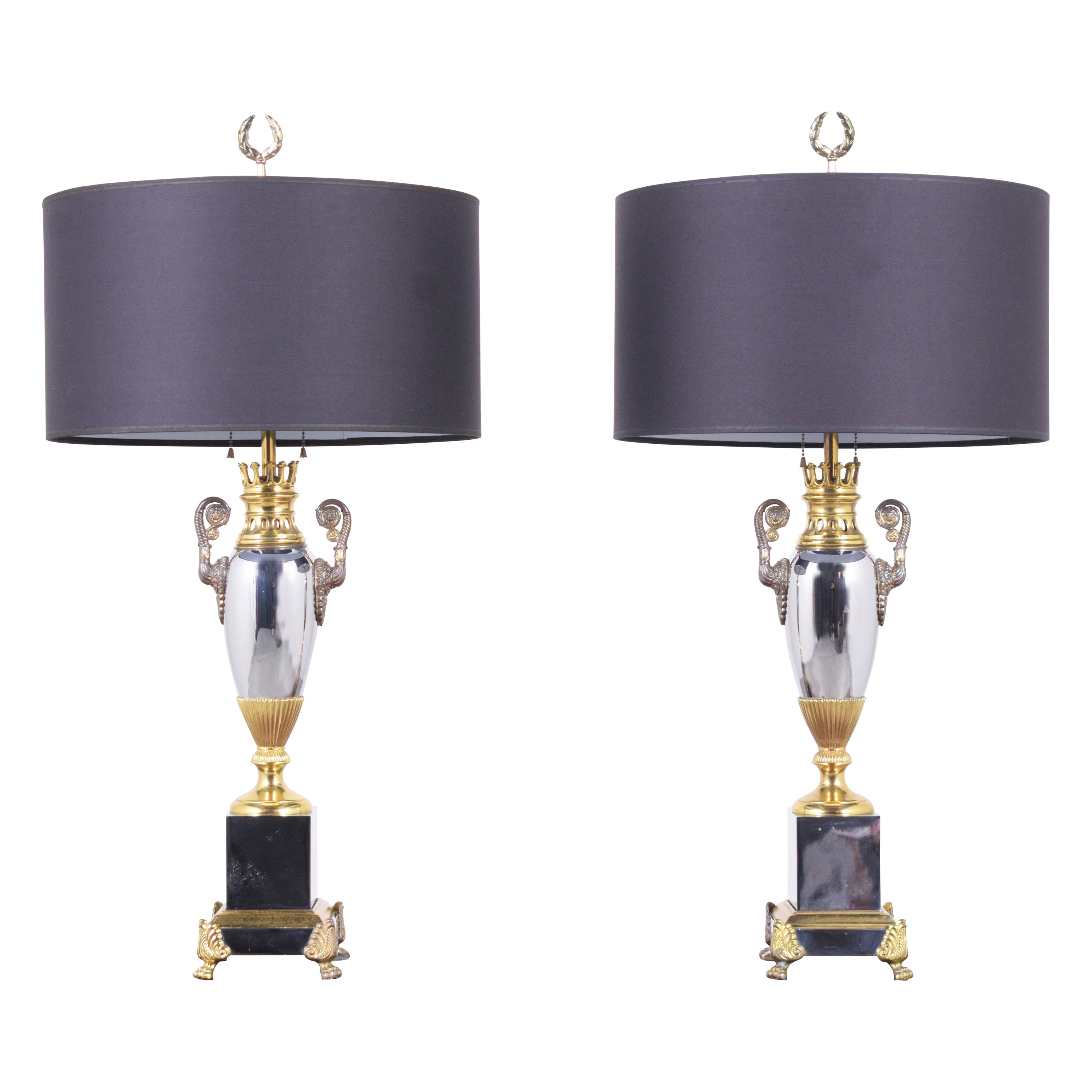 1950s Vintage Regency Style Table Lamps: Silver & Gold Finish with Black Shades For Sale