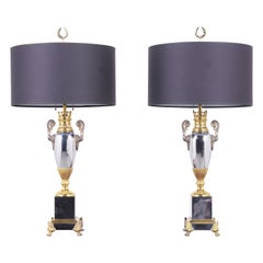 1950s Vintage Regency Style Table Lamps: Silver & Gold Finish with Black Shades