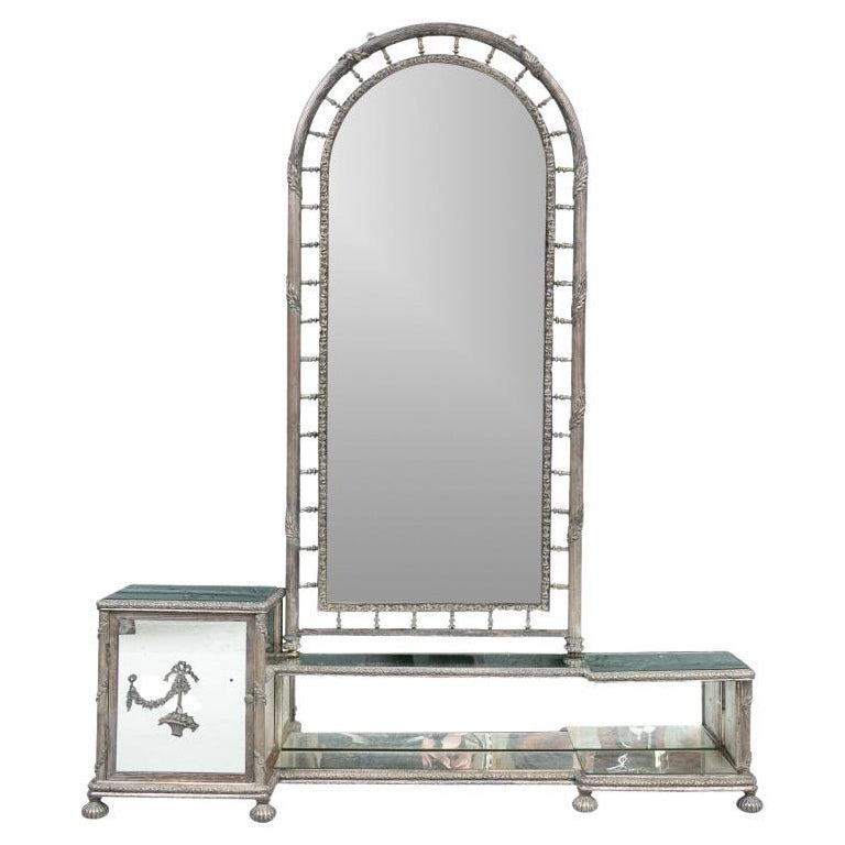 Extraordinary Art Deco Era Mirrored and Silver Plated Bronze Vanity in Two Parts For Sale