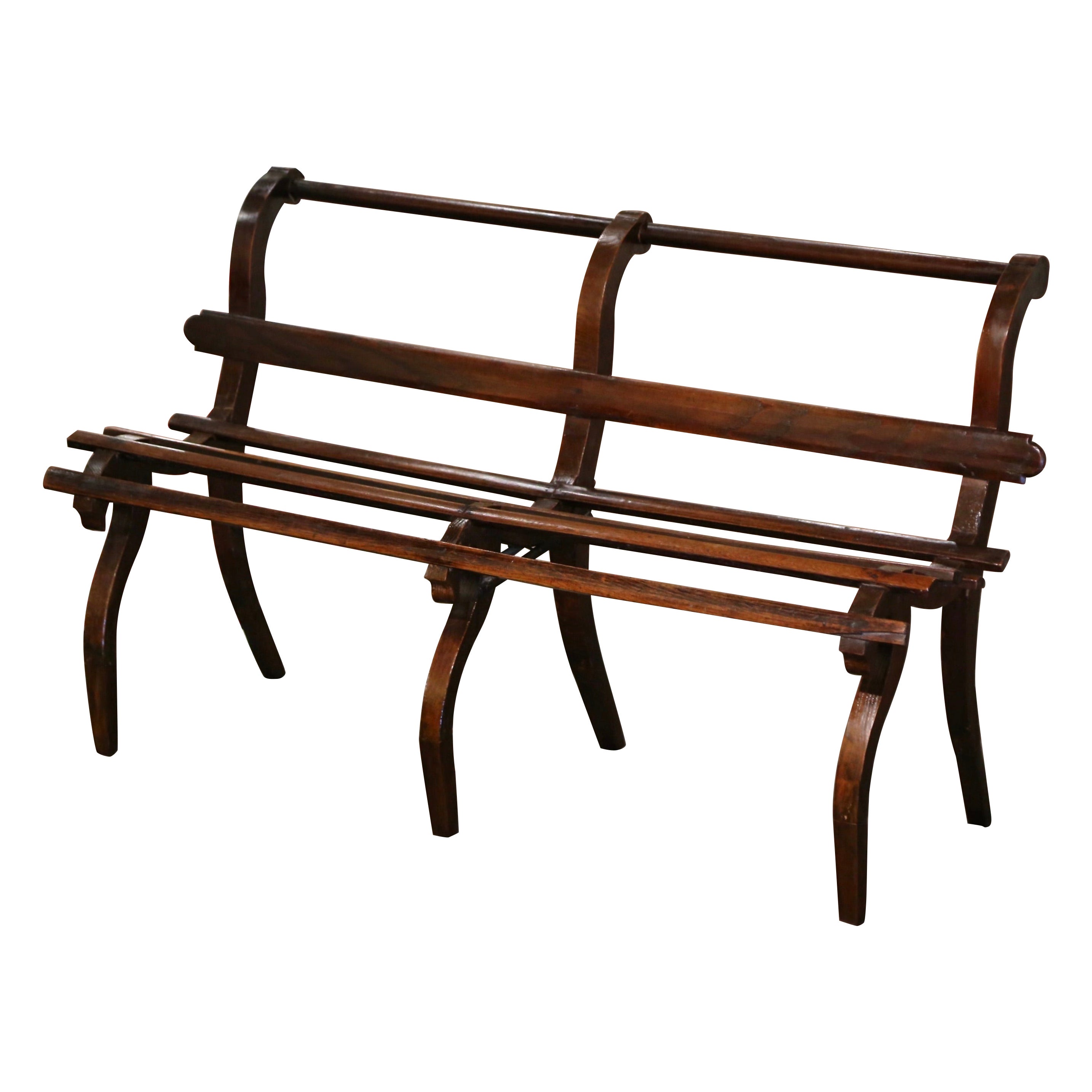 19th Century French Country Carved Oak Six-Leg Slat Bench  For Sale