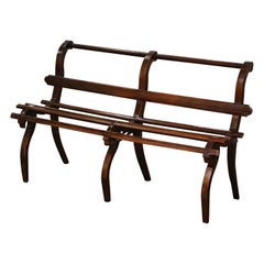 19th Century French Country Carved Oak Six-Leg Slat Bench 