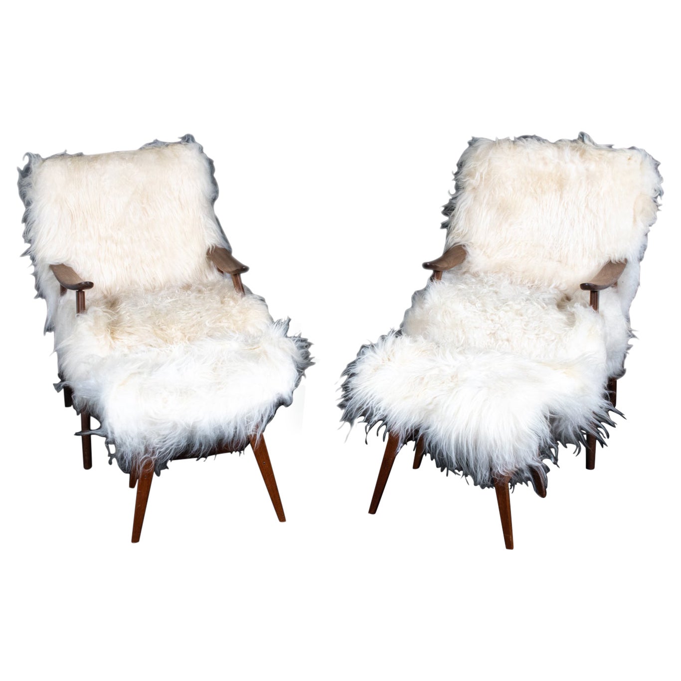 Pair of Danish Midcentury Mongolian Sheepskin Lounge Chairs & Ottomans For Sale