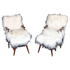 Pair of Danish Midcentury Mongolian Sheepskin Lounge Chairs & Ottomans