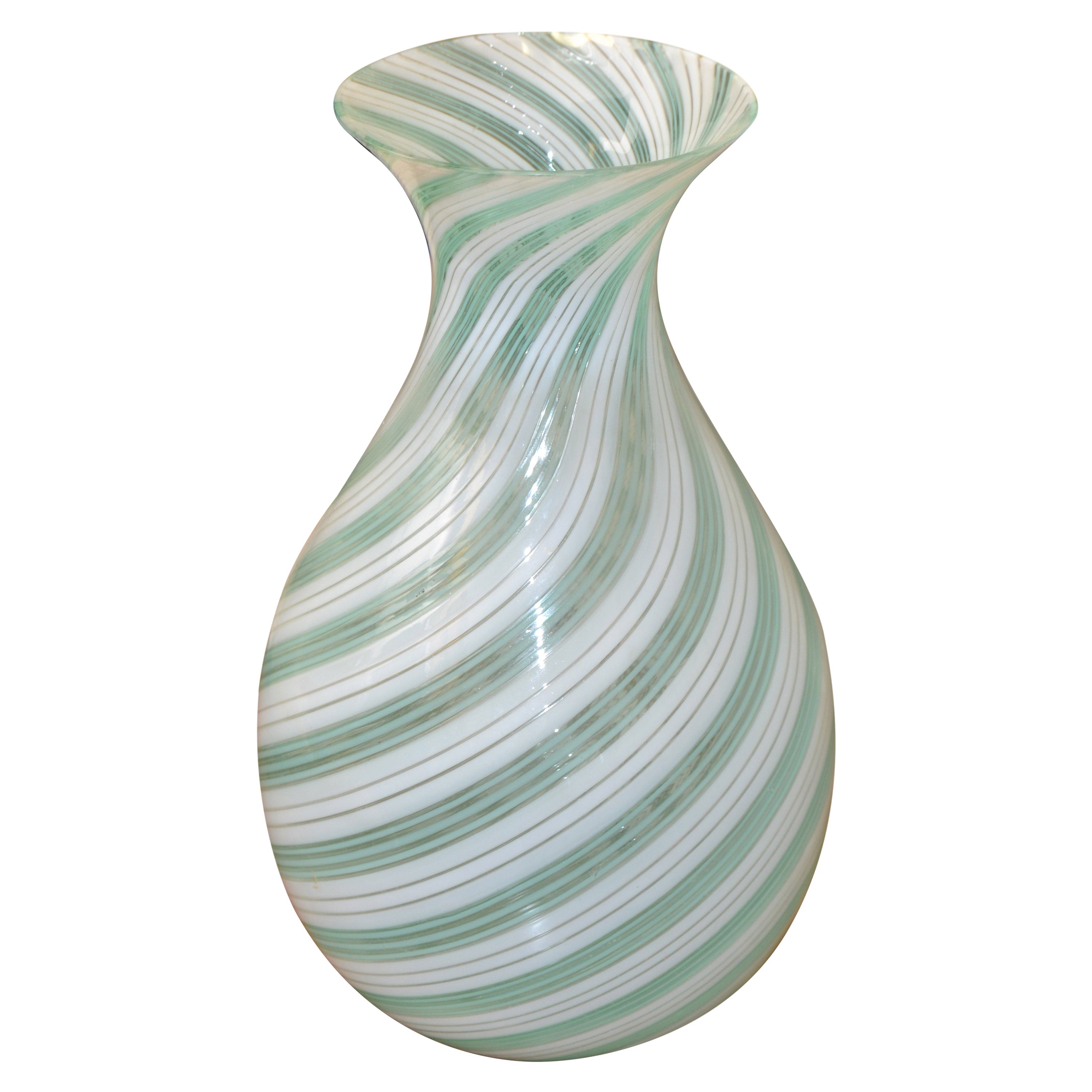 Venini Mid-Century Modern Blown Murano Glass Vase White Mint Green Swirl Italy