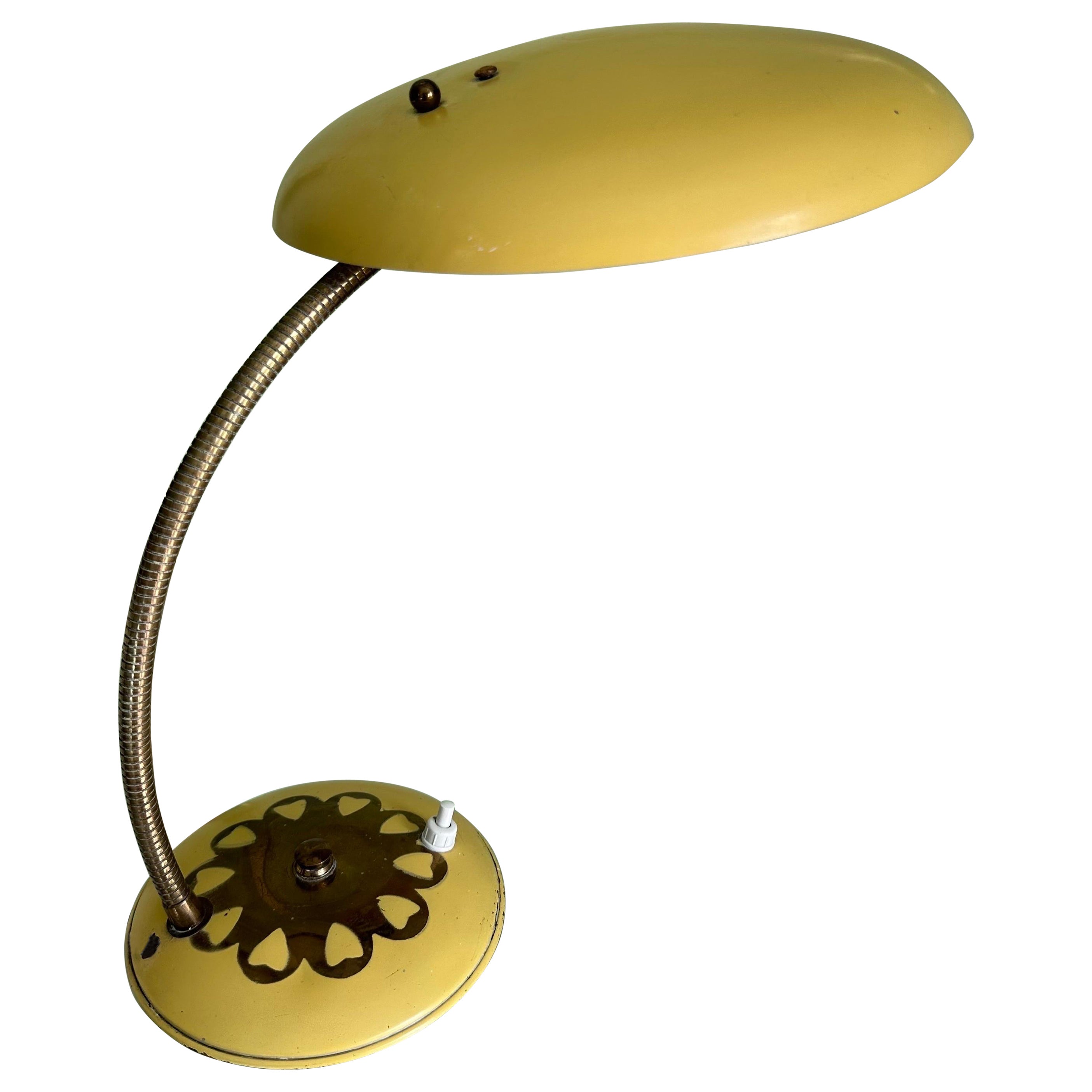 Mid-Century Modern Brass and Yellow Table Lamp with Hand-Painted Hearts