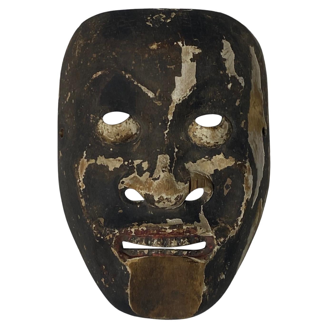 Japanese Antique Edo Hand Carved Wood Noh Theater Mask Otobide 17th-18th Century For Sale
