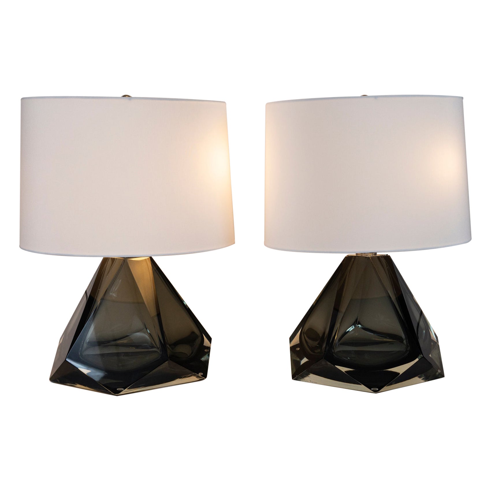 Pair of Large Diamond Gem Faceted Grey Lamps, Contemporary For Sale