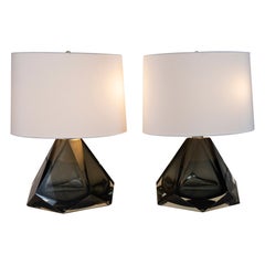 Pair of Large Diamond Gem Faceted Grey Lamps, Contemporary
