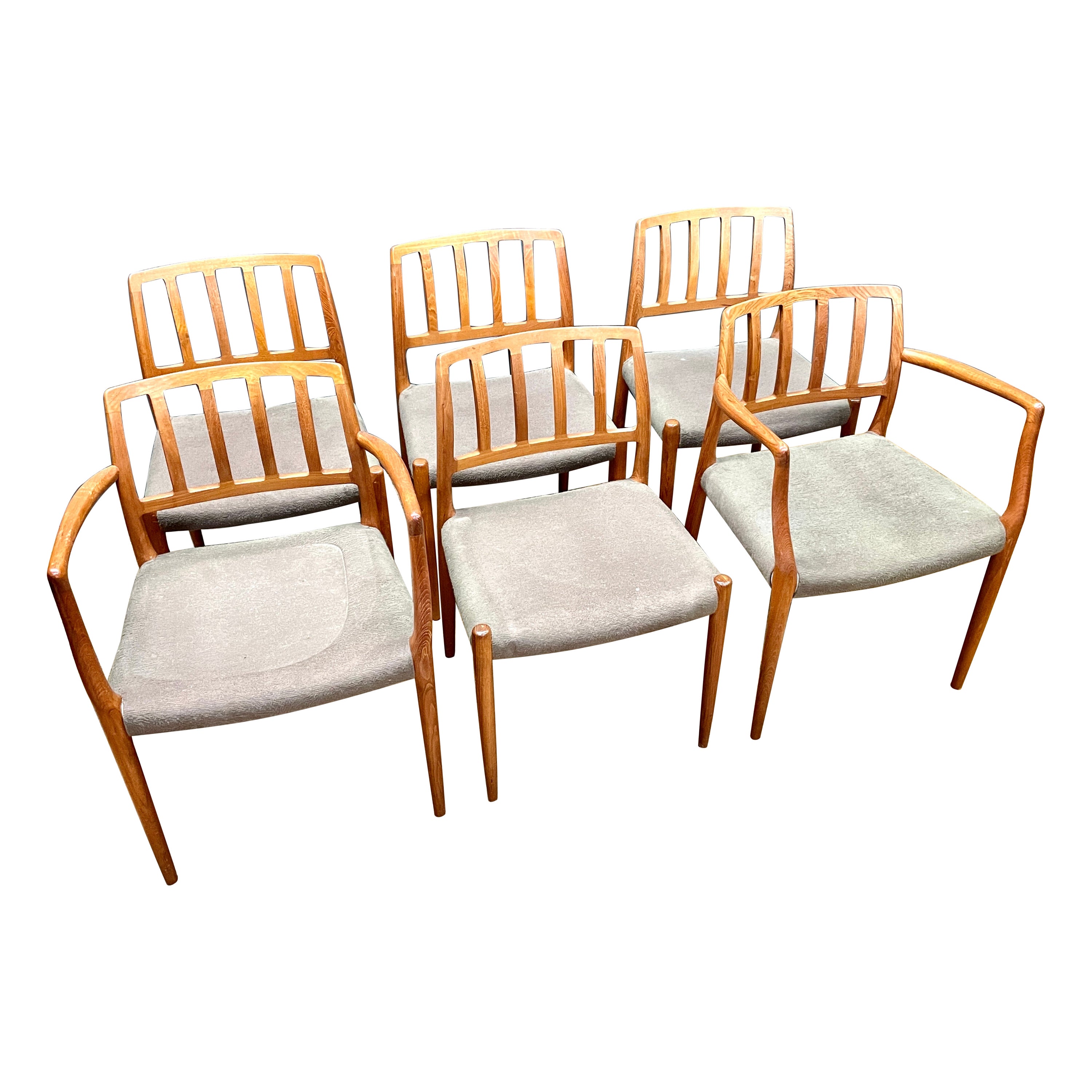6 Danish Teak Upholstered Chairs + Armchairs Niels Møller JL Moller Model Nº 83