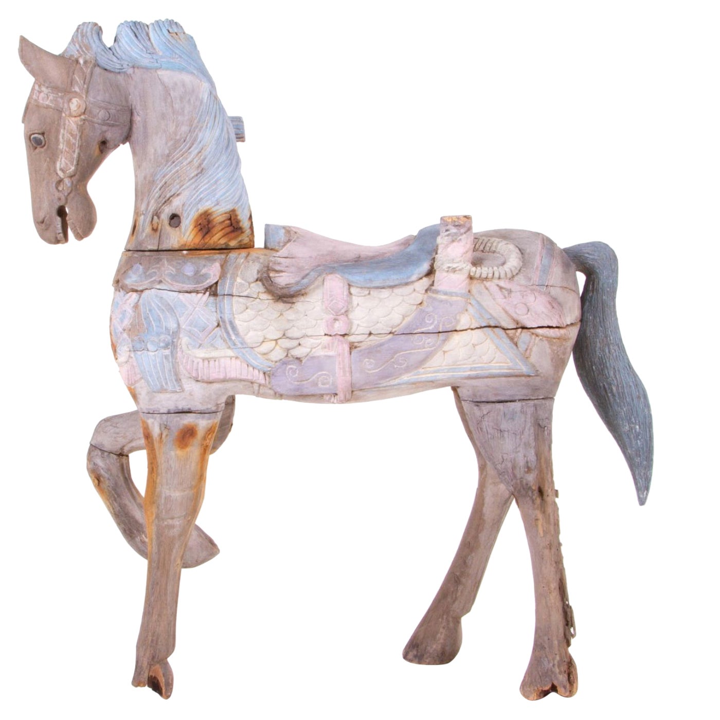 Peinture authentique italienne du 19ème siècle représentant un cheval à bascule portant encore de la main