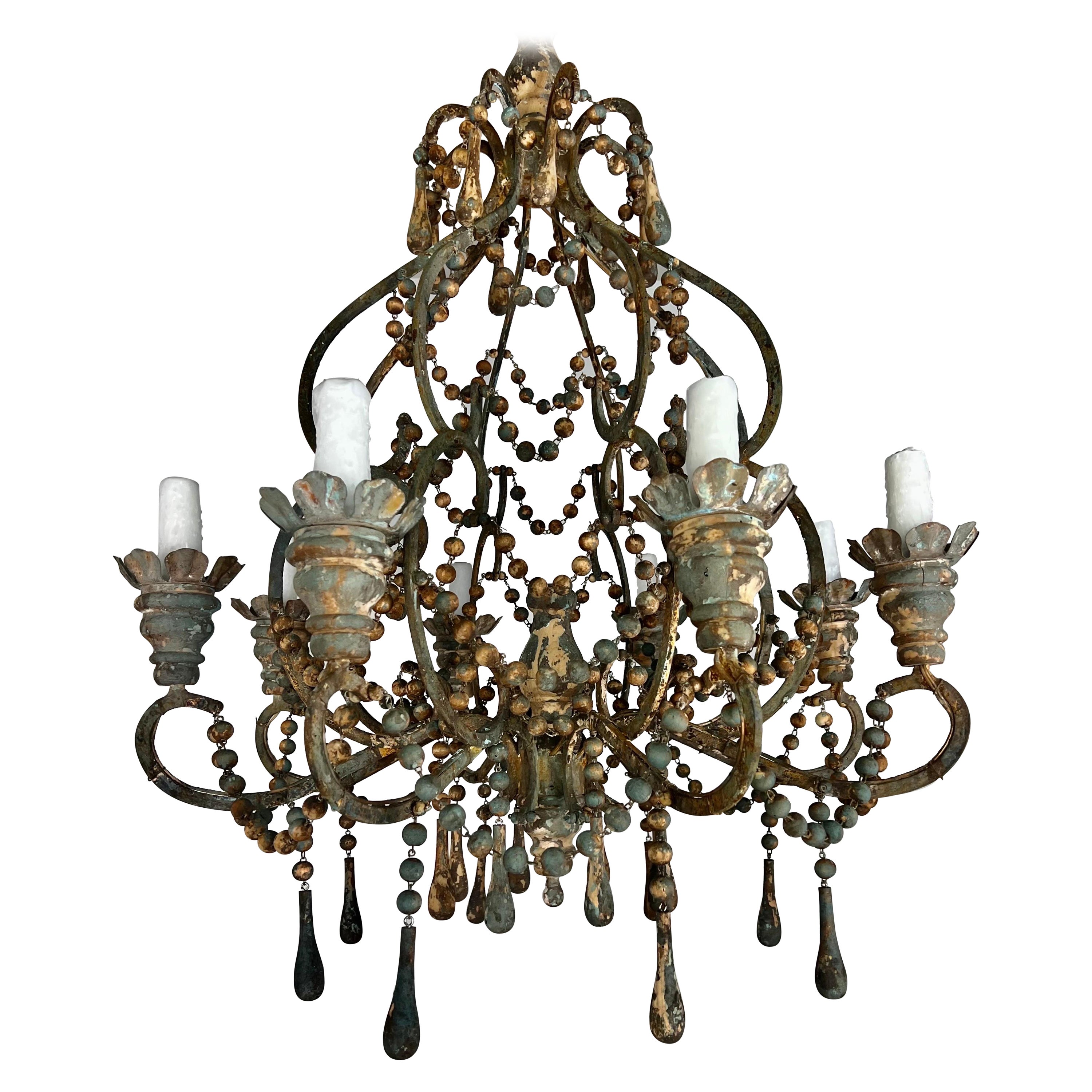 Italian Style Wood & Iron Painted Chandelier by MLA For Sale