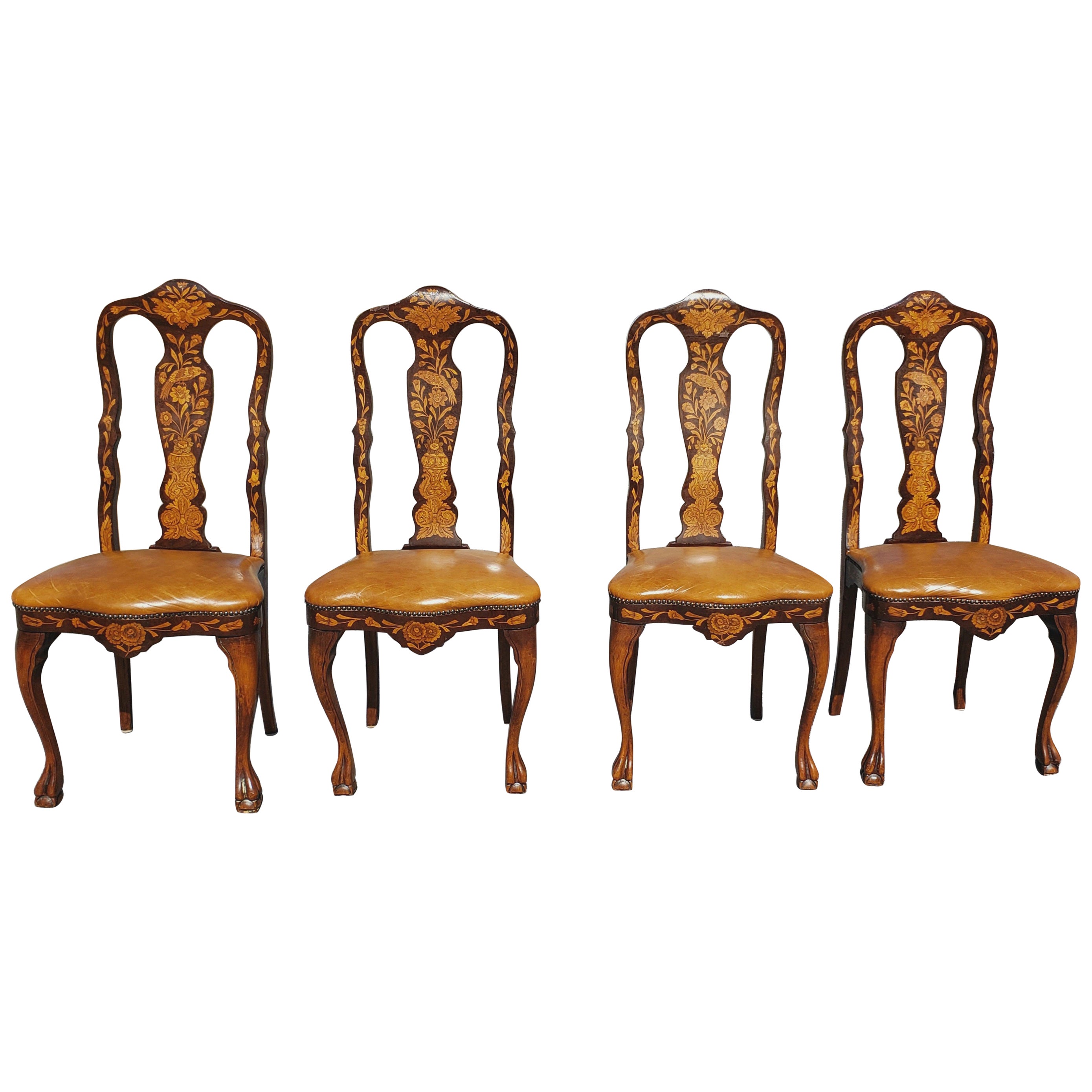 Set of 4 Dutch Marquetry Mahogany Satinwood and Leather Seat Dining Chairs For Sale