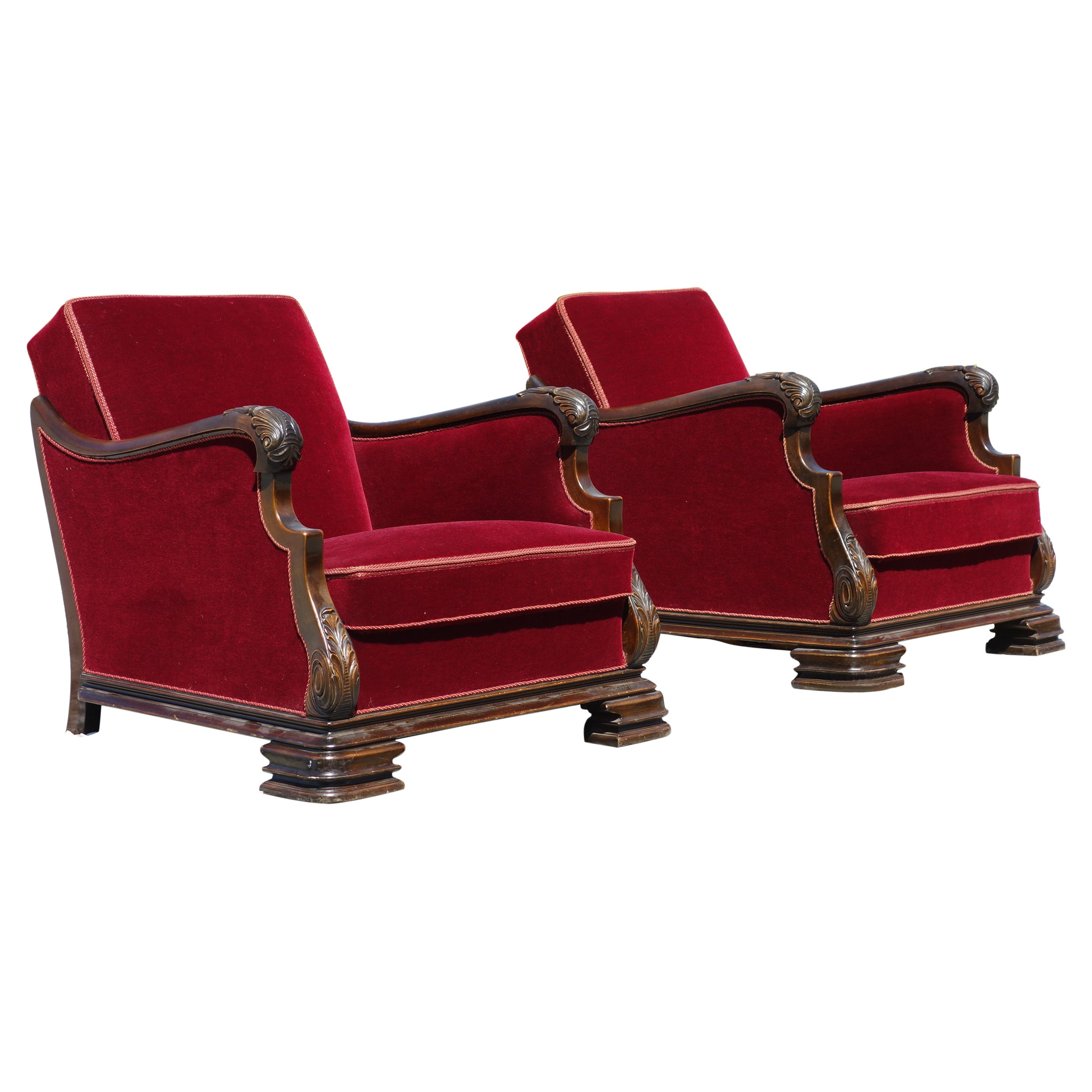 Pair of Large Red Velour Chairs Danish Cabinetmaker from 1930-1940s