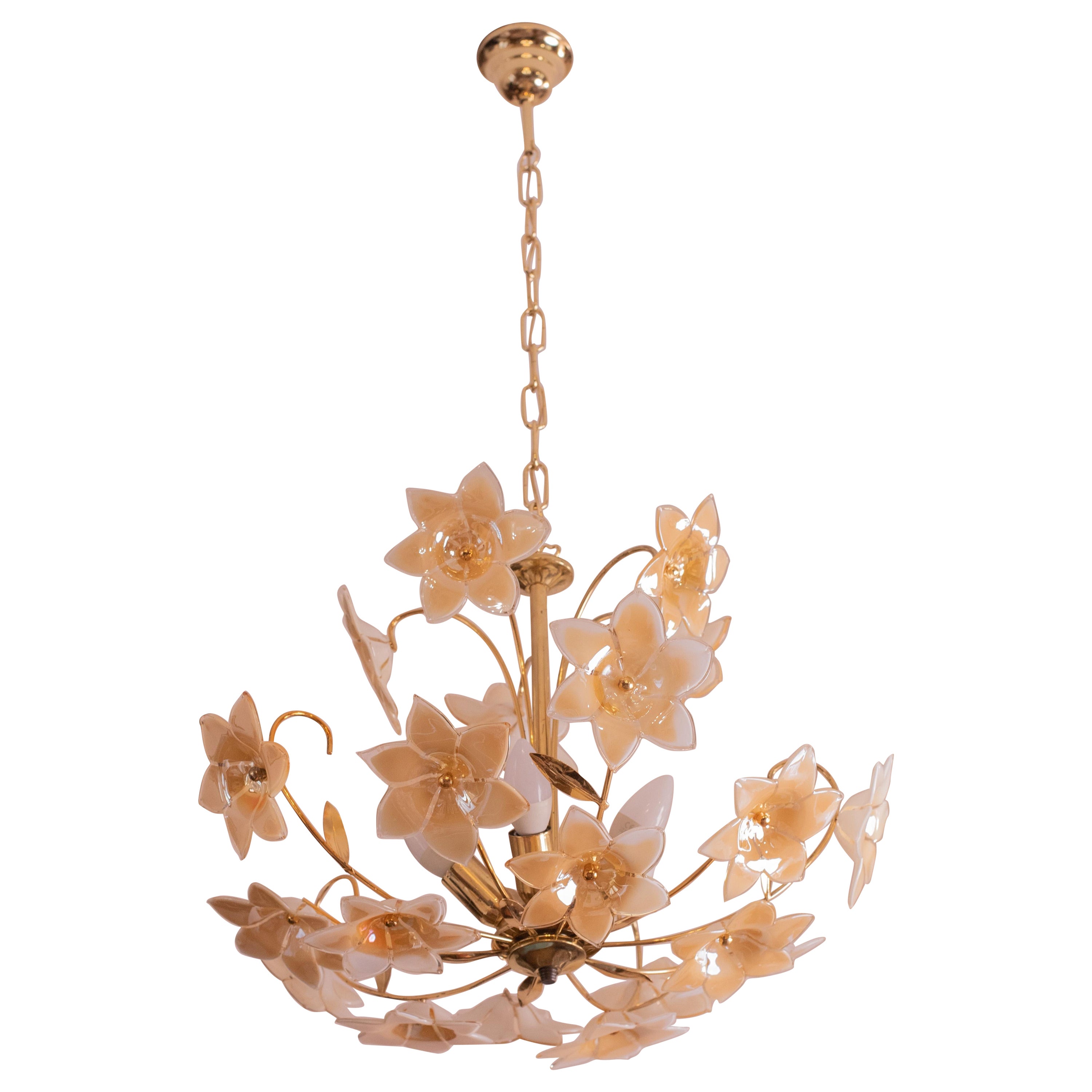 Murano Chandelier with Orange Iridiscent Flowers, 1970s