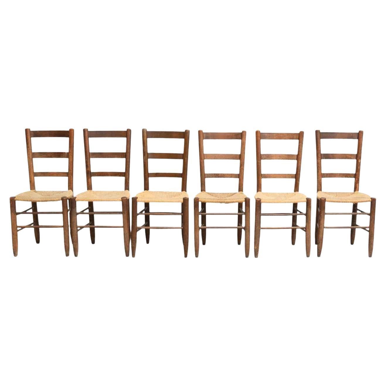 Set of 6 After Charlotte Perriand N.19 Chair, Wood Rattan, Mid-Century Modern