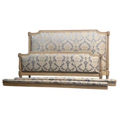 19th Century French Hand Carved and Hand Painted Bed Frame in Blue Silk
