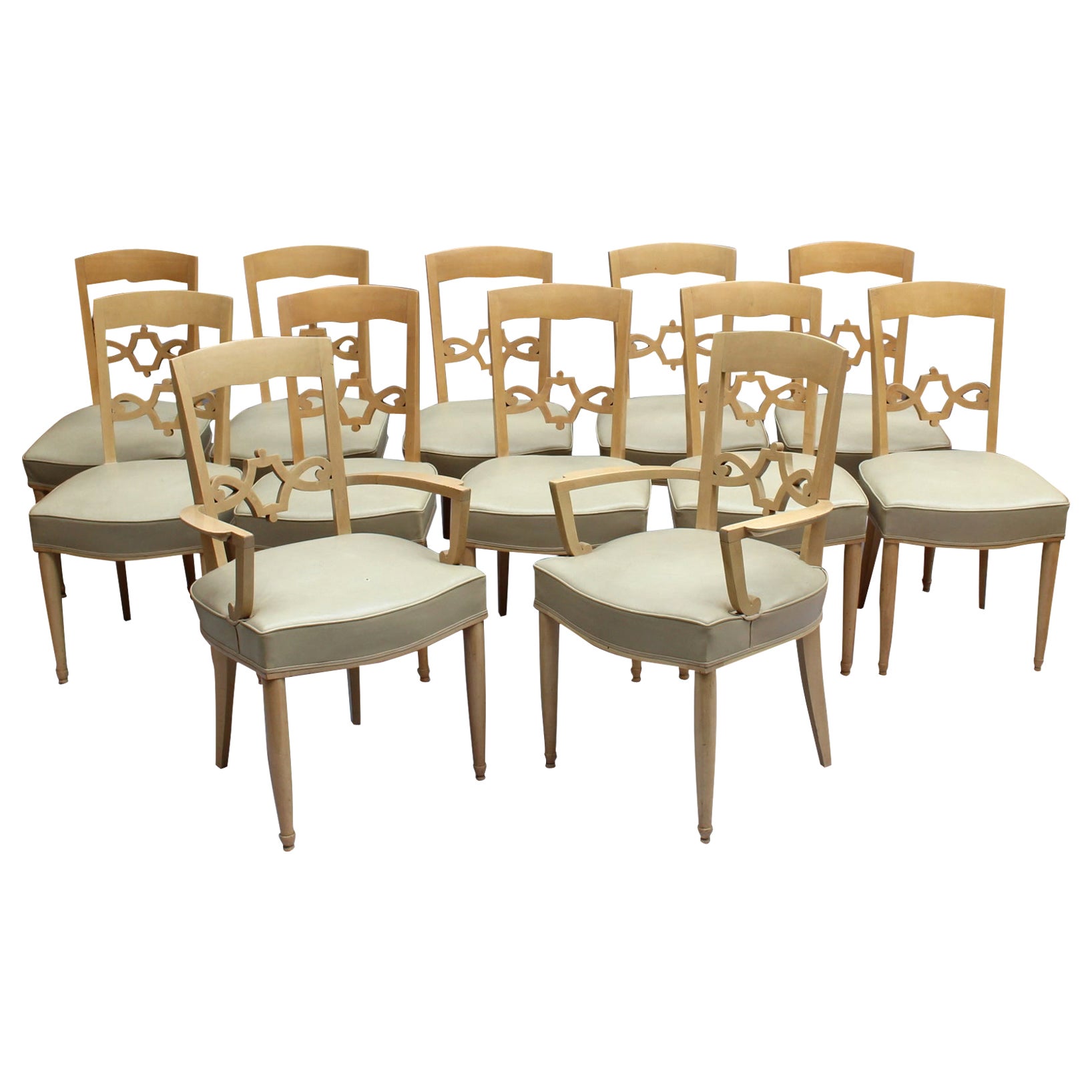Set of 12 Fine French Art Deco Walnut Chairs by Jules Leleu '10 Side and 2 Arm' For Sale