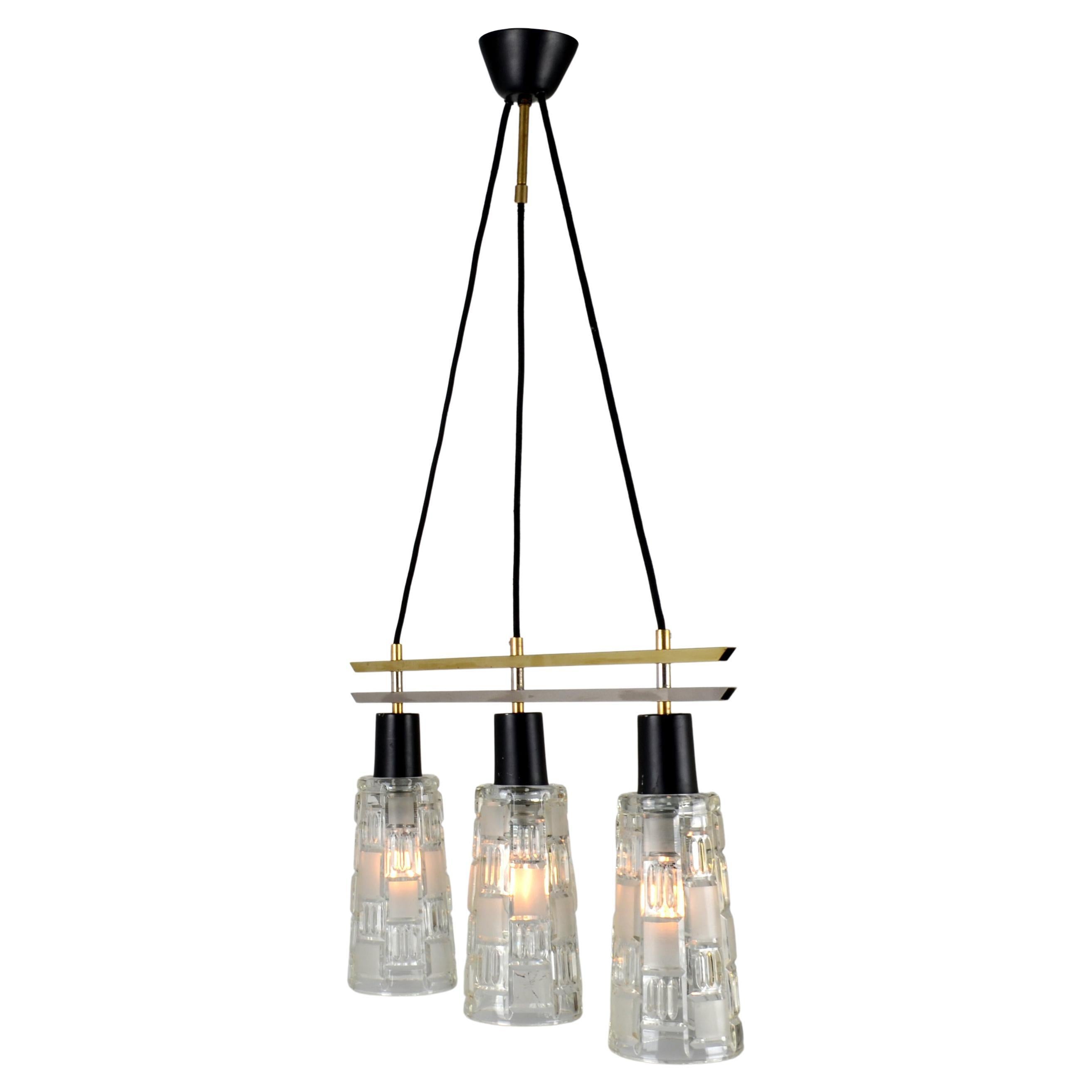 Chandelier in Brass Chrome and Clear Glass Triple Light 1960s