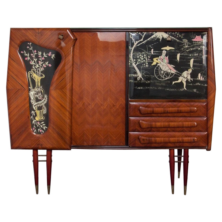 Italian Walnut Buffet with Detailed Oriental Drawings