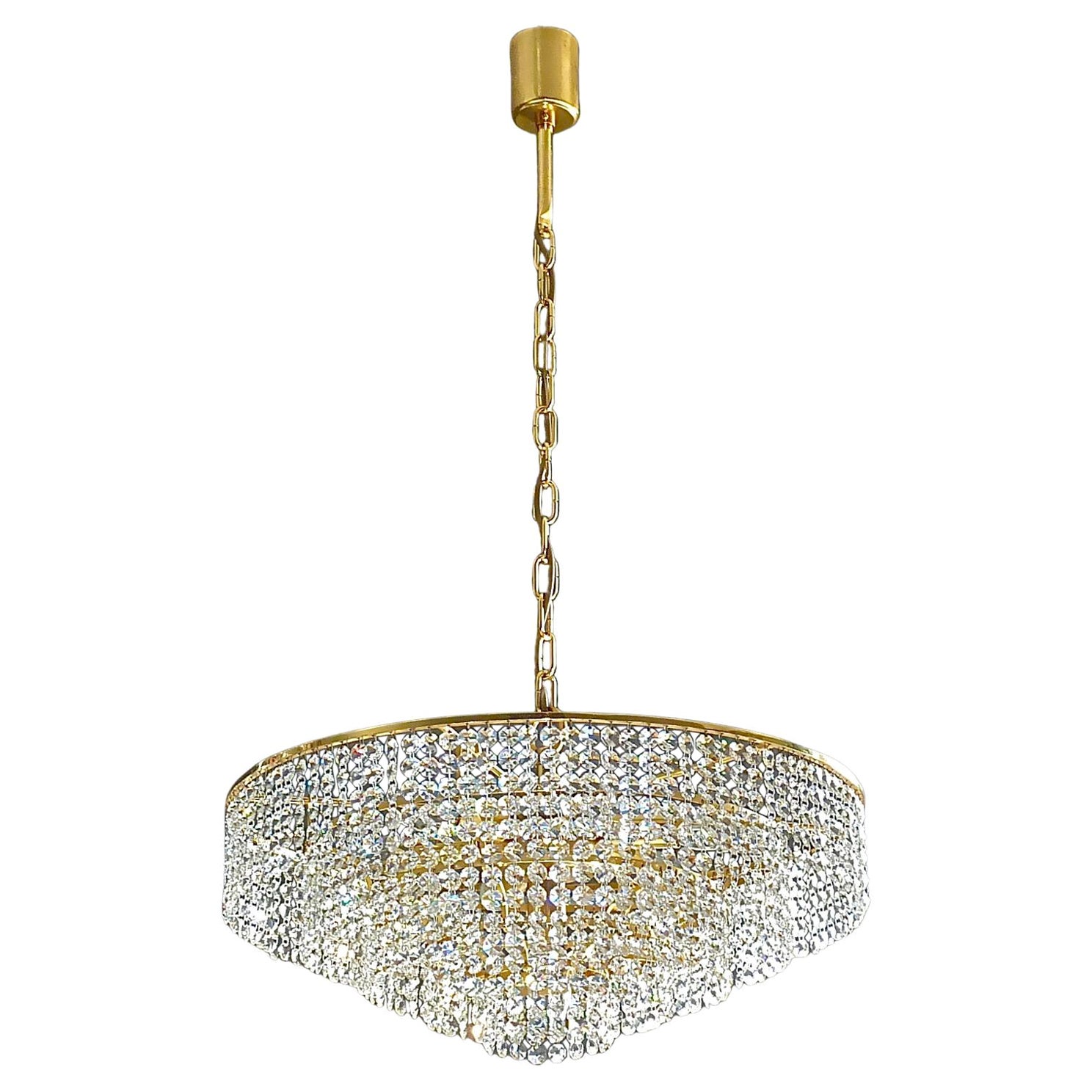 Large German Palwa Cascading Chandelier Gilt Brass Faceted Crystal Glass, 1960s For Sale