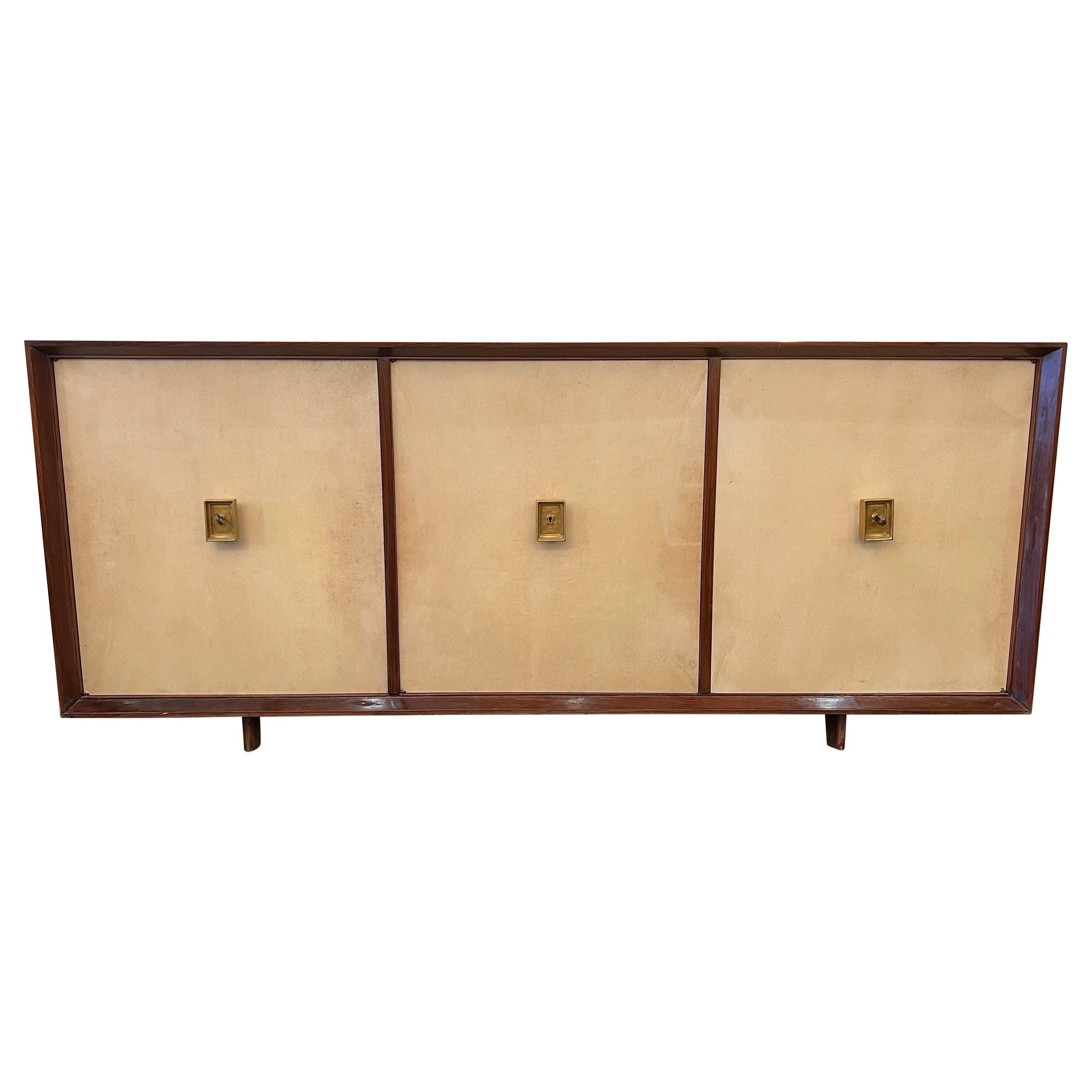 French Art Deco Parchment 3 Doors Sideboard Attributed to Jacques Adnet For Sale