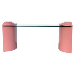 Retro Postmodern Pink Lacquered Karl Springer Style Column Console Glass Table