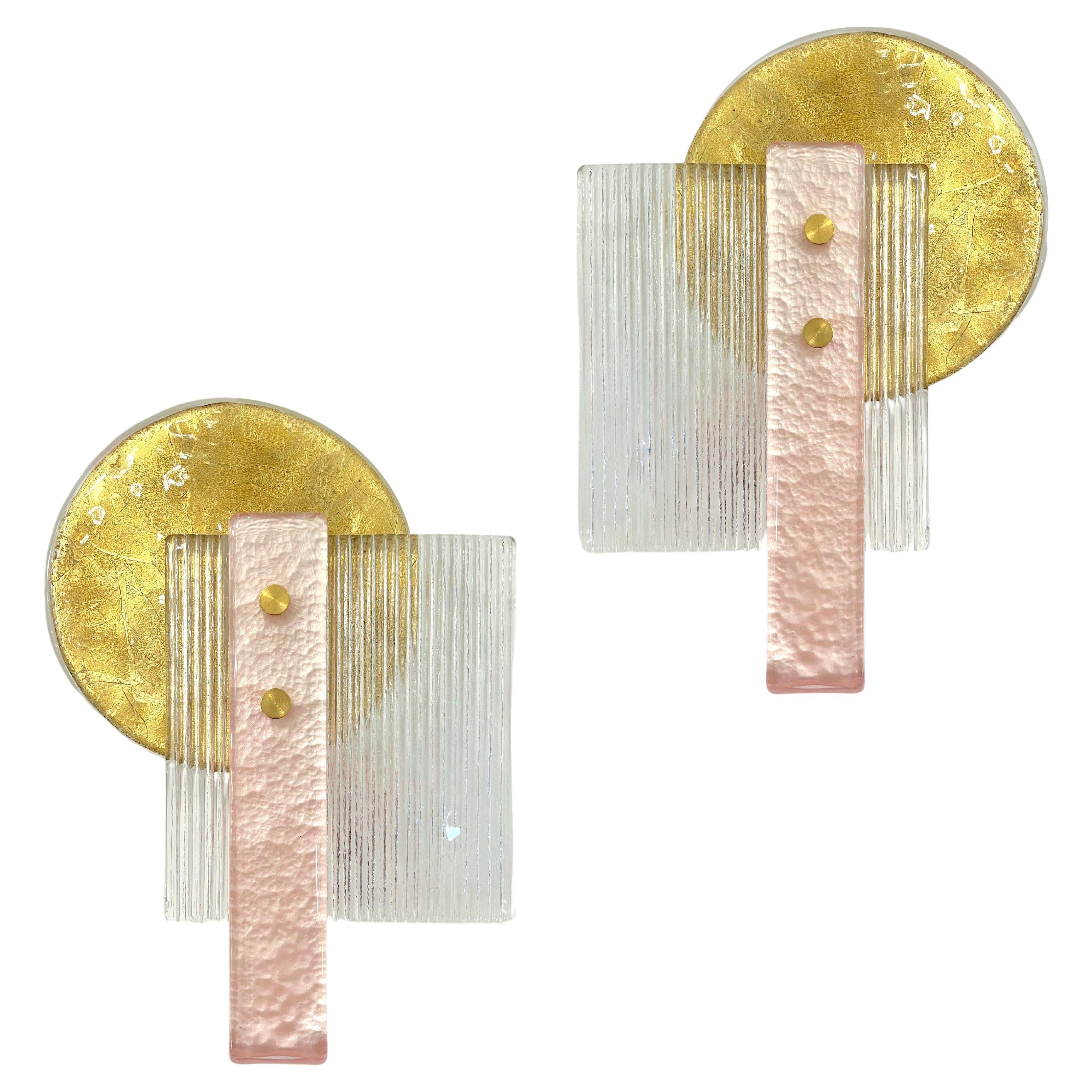 Italian Pair of Art Deco Style Textured Gold Pink & Crystal Murano Glass Sconces For Sale