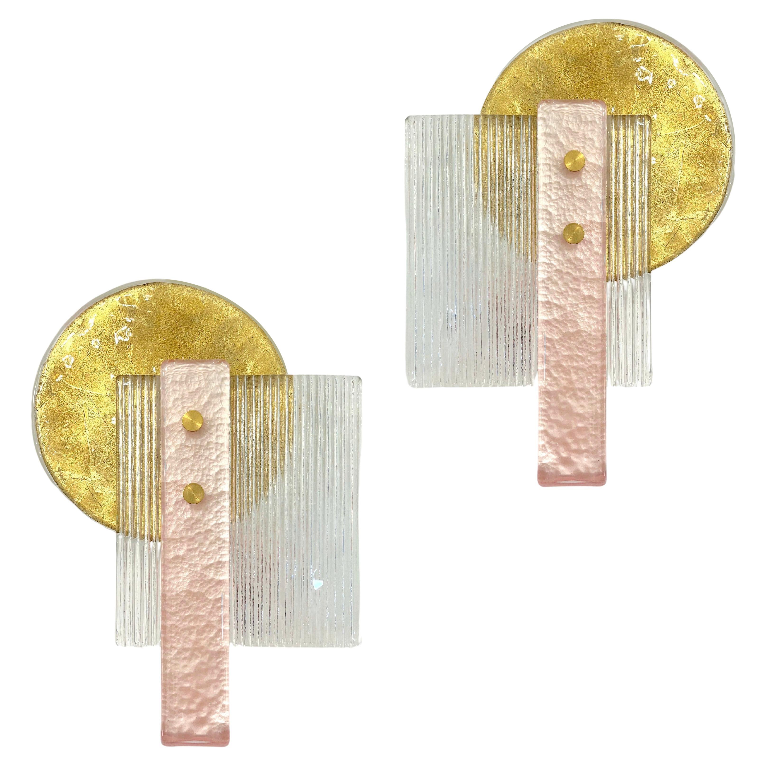 Italian Pair of Art Deco Style Textured Gold Pink & Crystal Murano Glass Sconces