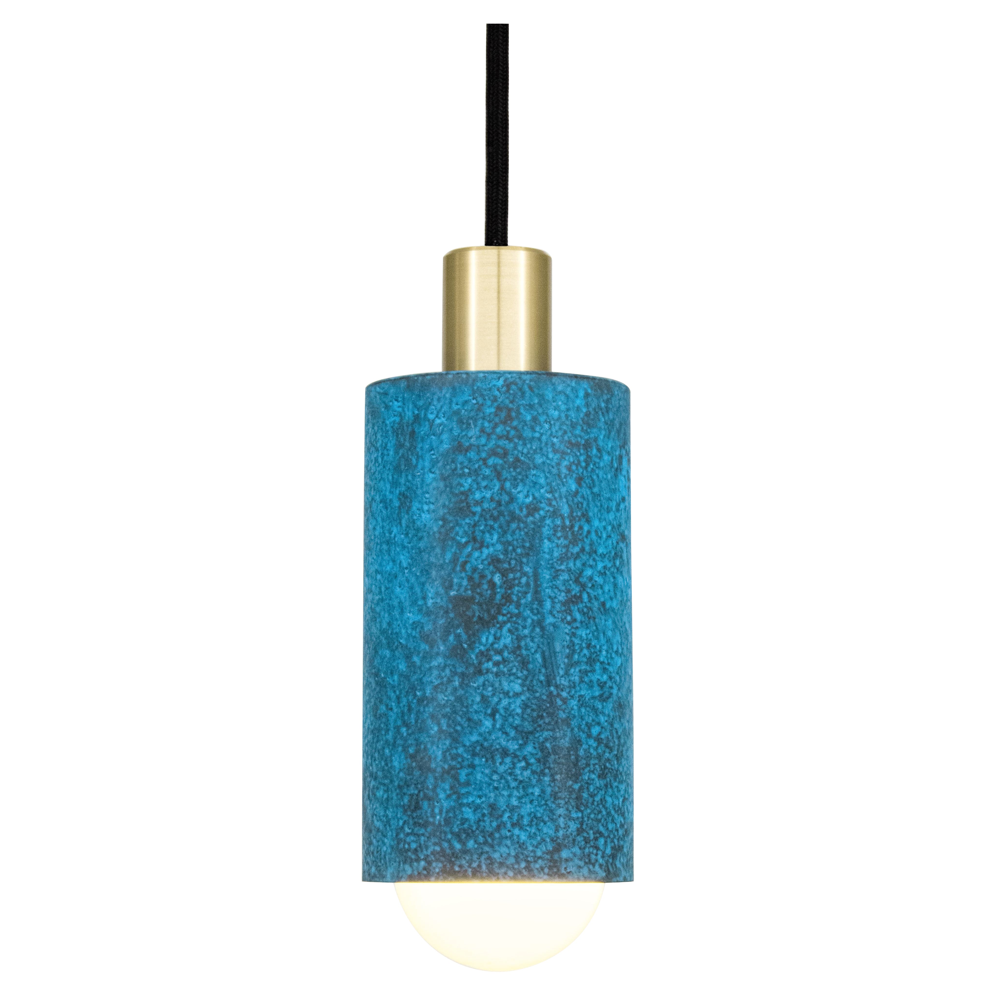 Louise Pendant Light with in Prussian Blue & Satin Brass, Hung with Swag w/ Plug For Sale