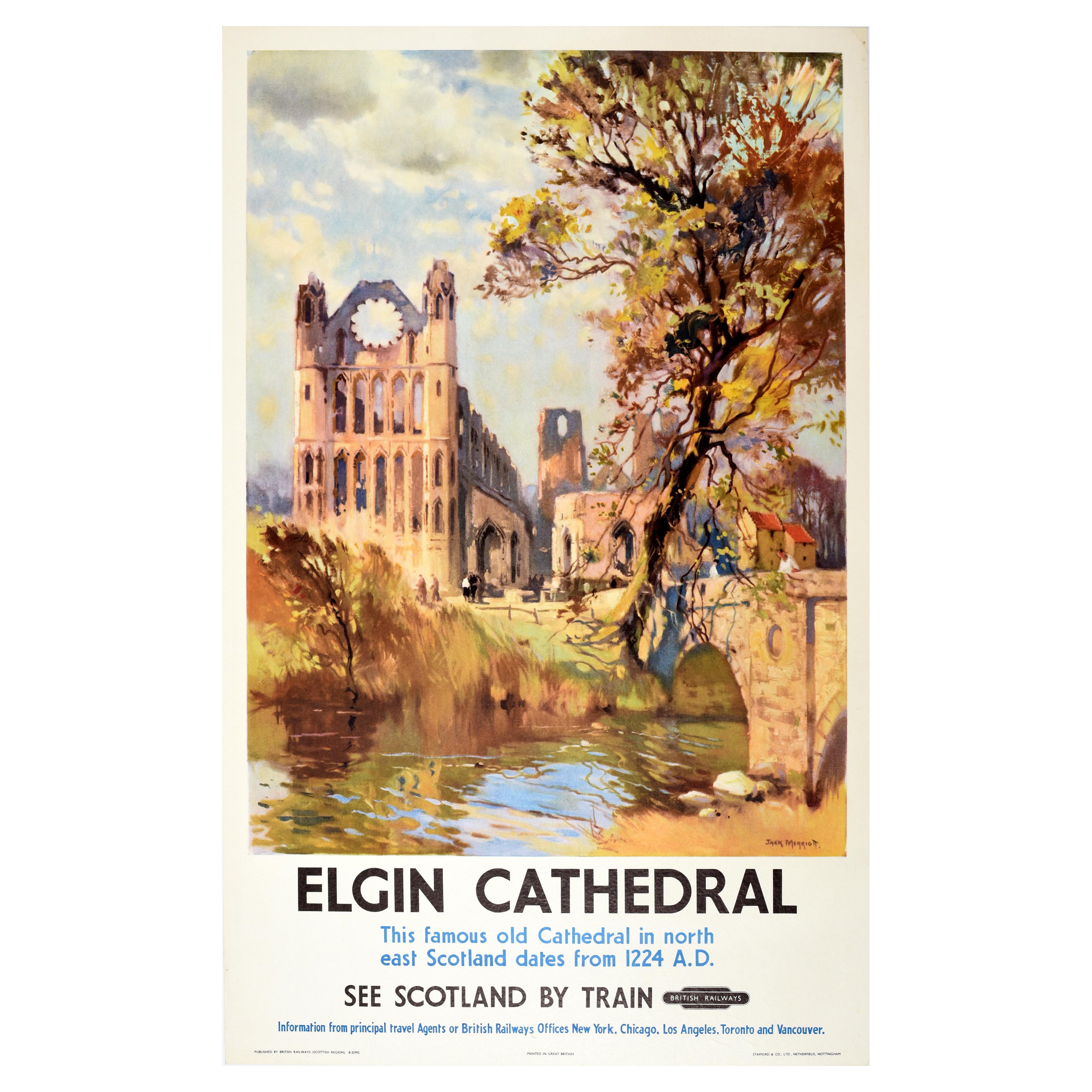Original Vintage Train Travel Poster Elgin Cathedral Scotland British Railways For Sale