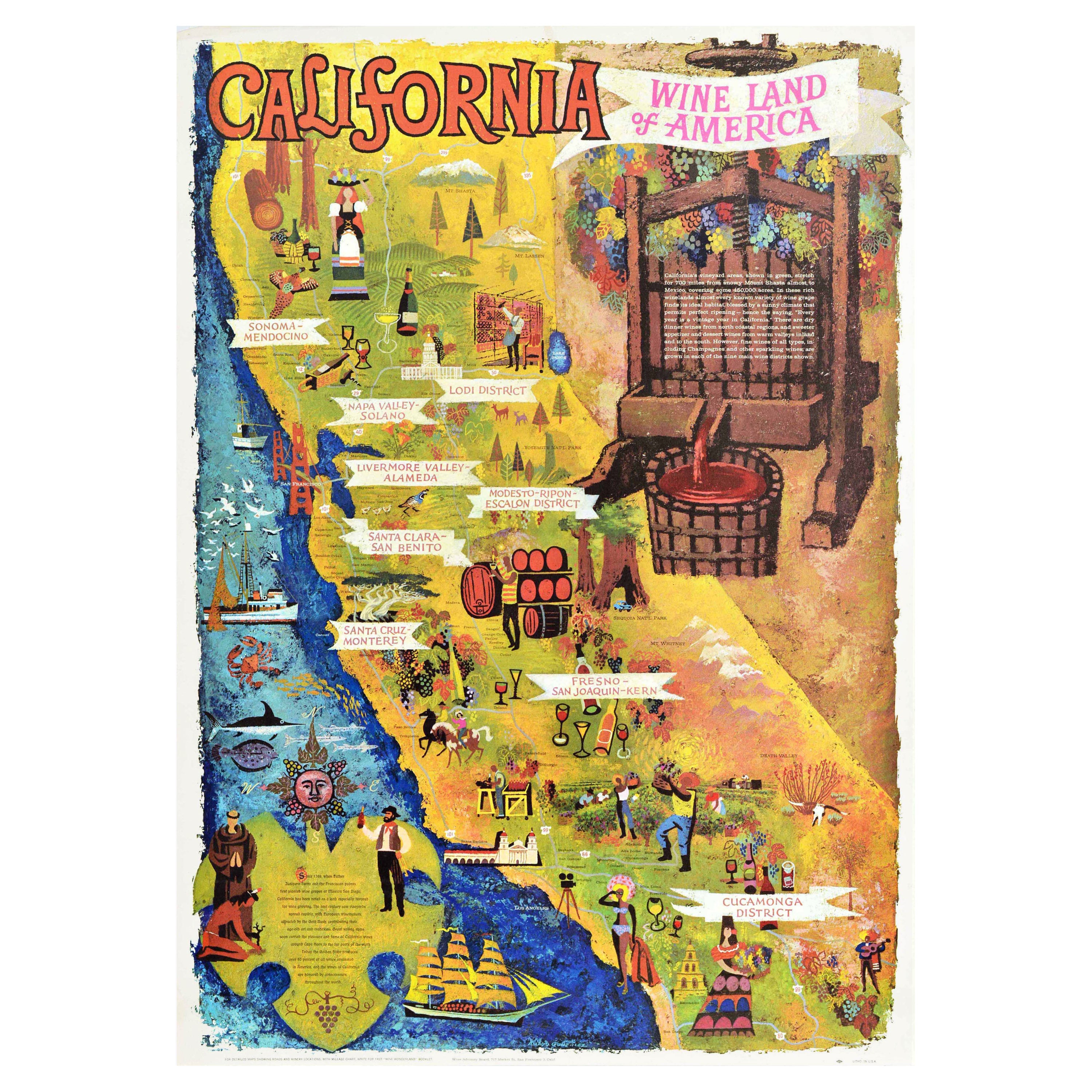 Original Vintage Travel Map Poster California Wine Land Of America Illustrations