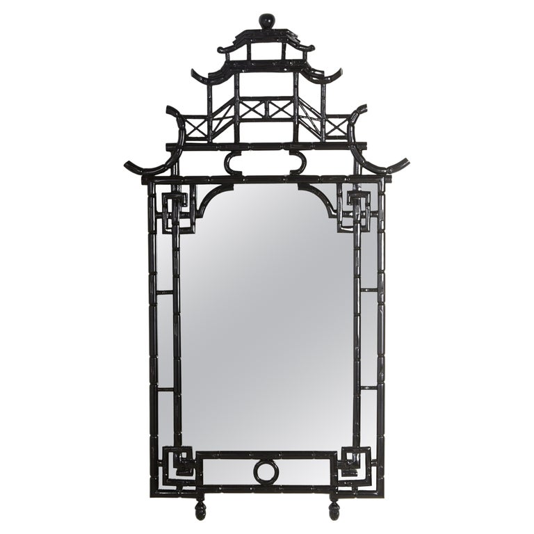 Chinoiserie Ebonized Pagoda Pediment Wall Mirror For Sale at 1stDibs