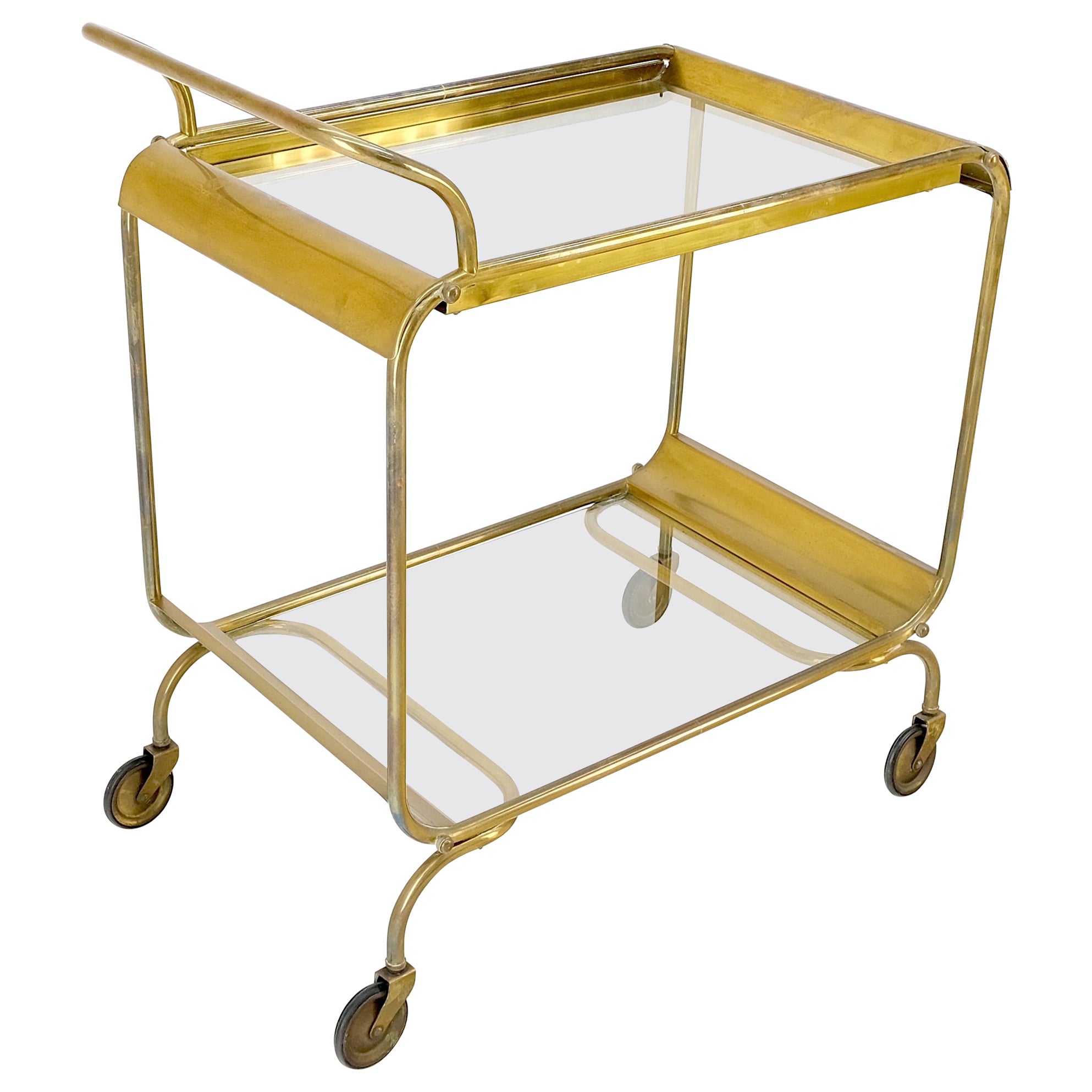 Mid-Century Modern Bauhaus Style Solid Brass Bend Tube & Glass Serving Cart Bar