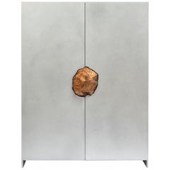 Waxed Aluminum Small Cabinet with Natural Golden Pink Stone by Pierre De Valck