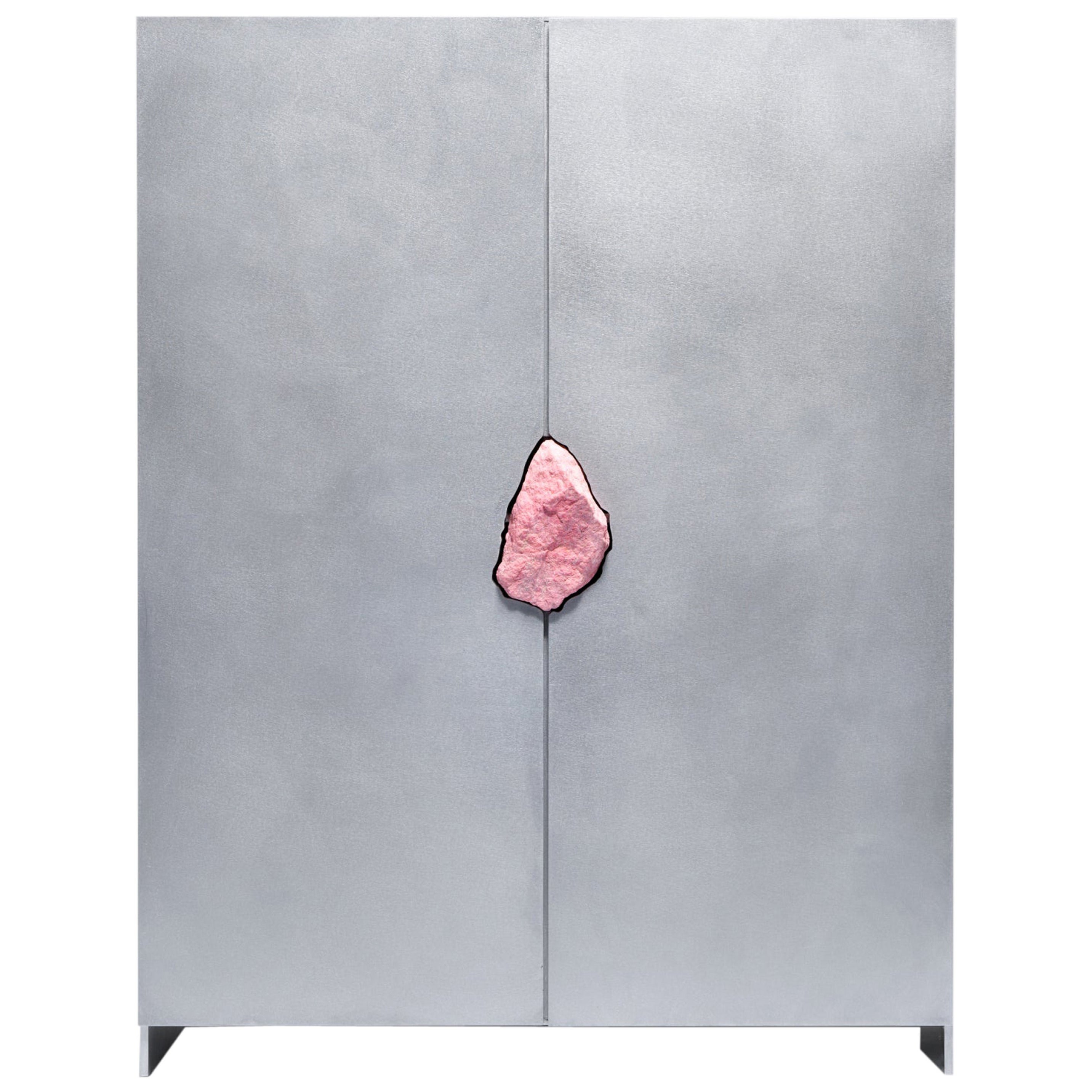 Unique Waxed Aluminum Cabinet with Natural Dusty Pink Stone by Pierre De Valck