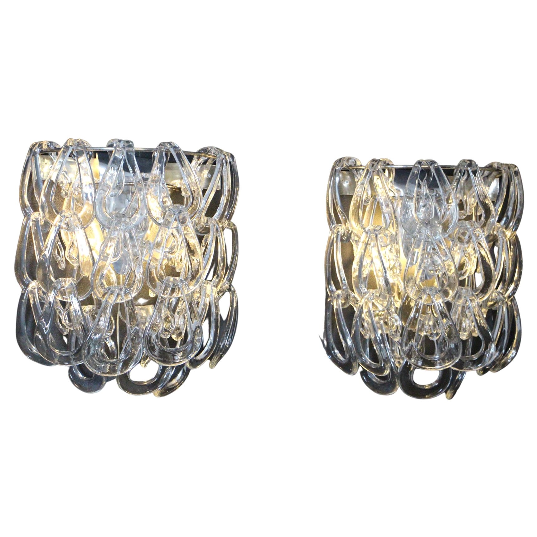 Pair of Clear Murano Glass Sconces by Angelo Mangiarotti for Vistosi, Wall Light For Sale